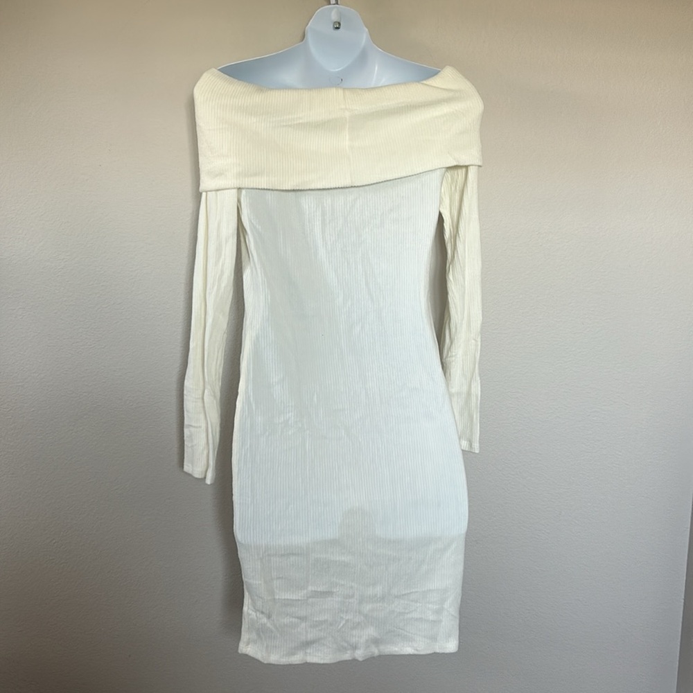 Pinkblush Off White Cream Ribbed Off-Shoulder Long Sleeve Maternity Mini Dress - Picture 8 of 10